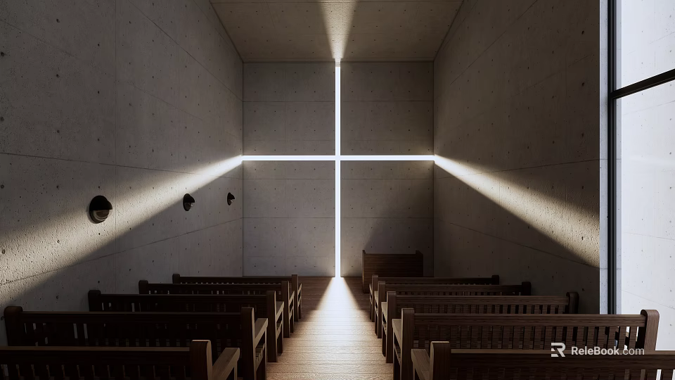 Religious Church Interior With Wooden Pews Cross Shaped Light Beam And Concrete Walls 3d model 