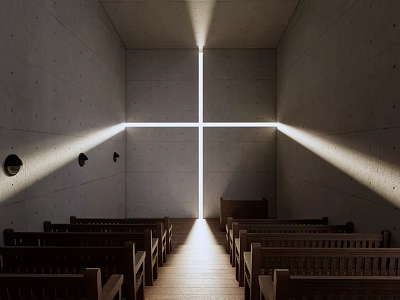 Religious Church Interior With Wooden Pews Cross Shaped Light Beam And Concrete Walls 3d model