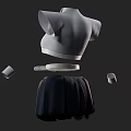 Gray High Neck Short Sleeved Cropped Top with Black Pleated Skirt Belt and Arm Sleeves
