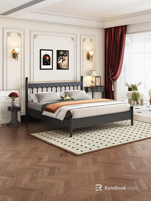 Cozy Bedroom Interior With Black Bed Frame Gray Orange Bedding Wall Sconces And Framed Paintings 3d model 