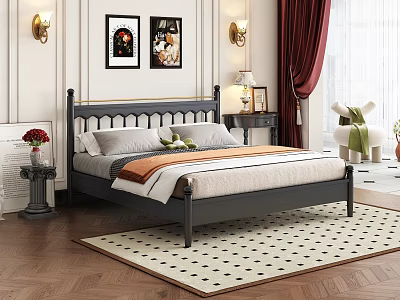 Cozy Bedroom Interior With Black Bed Frame Gray Orange Bedding Wall Sconces And Framed Paintings 3d model