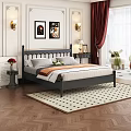 Cozy Bedroom Interior With Black Bed Frame Gray Orange Bedding Wall Sconces And Framed Paintings
