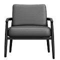 Black Leather Upholstered Accent Chair with Wooden Armrests and Modern Minimalist Design