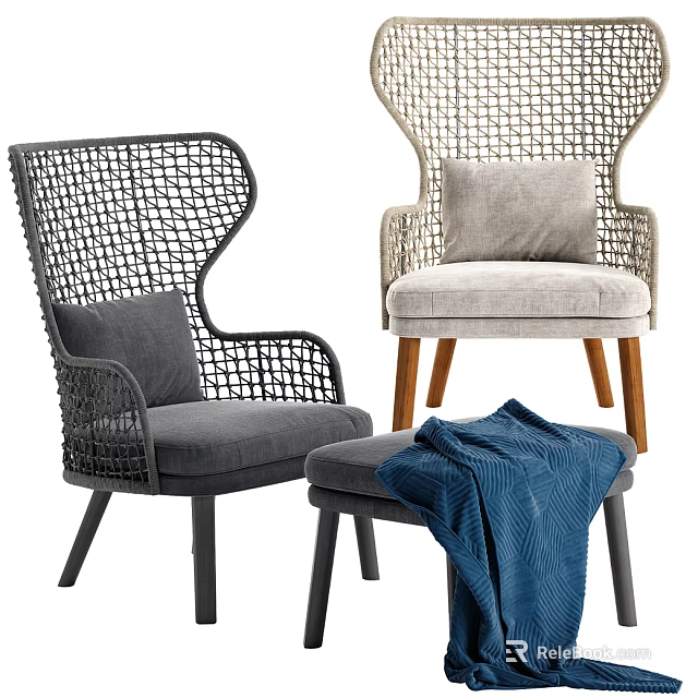 Woven Leisure Chairs With Plush Cushions Black Light Beige Design And Ottoman Blue Blanket 3d model 