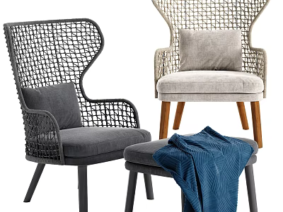 Woven Leisure Chairs With Plush Cushions Black Light Beige Design And Ottoman Blue Blanket 3d model