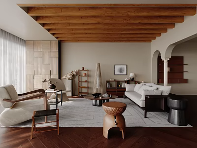 Warm Natural Living Room Interior With Wooden Ceiling Beams Large Windows And Sofa 3d model