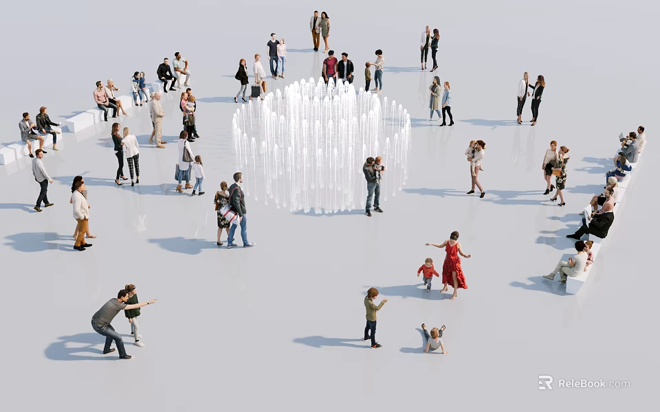 People Playing And Interacting Around Water Fountain In White Open Space 3d model 