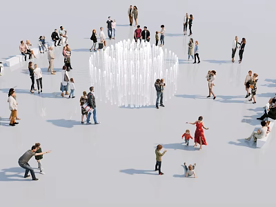 People Playing And Interacting Around Water Fountain In White Open Space 3d model
