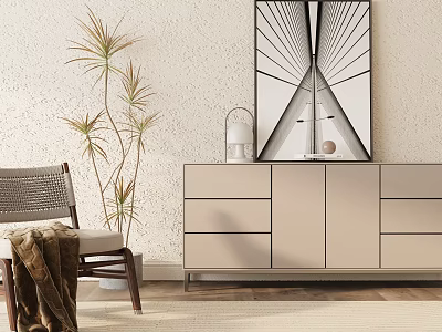Minimalist Entryway Cabinet Sideboard Featuring Black White Geometric Art Green Plant And Accent Chair 3d model