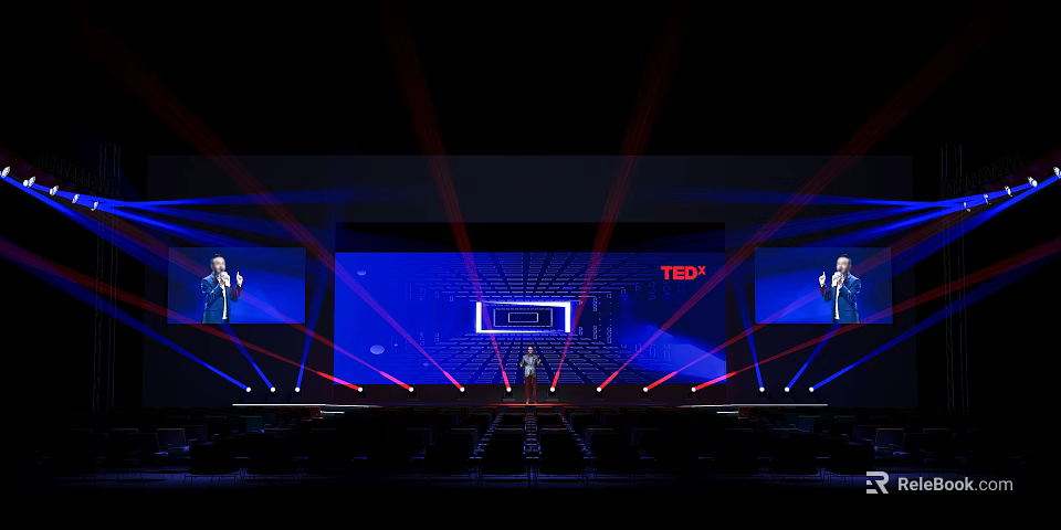 TEDx Conference Stage Featuring Speaker Large Screen Red Blue Laser Lights And Audience 3d model 