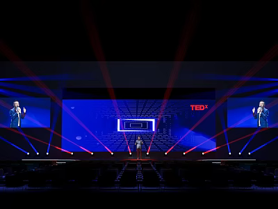 TEDx Conference Stage Featuring Speaker Large Screen Red Blue Laser Lights And Audience 3d model