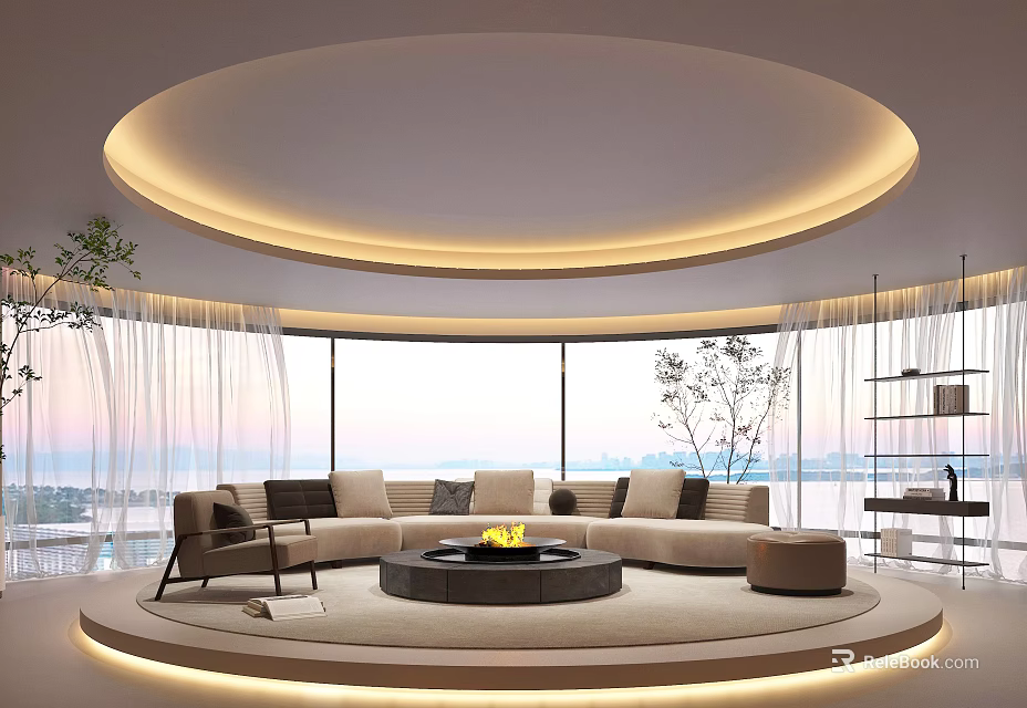 Modern Living Room with Circular Ceiling Sofa Circular Fire Pit Large Windows and City View 3d model
