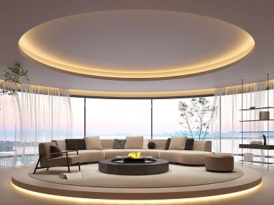 Modern Living Room with Circular Ceiling Sofa Circular Fire Pit Large Windows and City View 3d model