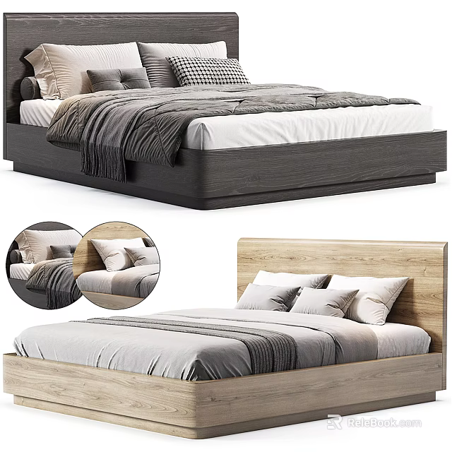 Modern Double Bed Designs Featuring Wooden Headboard Neutral Bedding And Pillows 3d model 