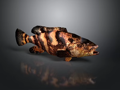 Detailed Fish With Black And Brown Stripes Open Mouth On Gray Background With Reflection 3d model