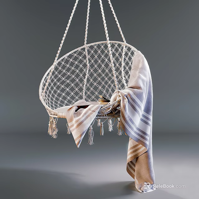 Stylish White Woven Hanging Chair With Tassels And Striped Blanket 3d model 