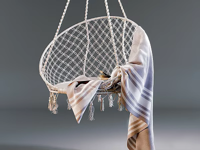 Stylish White Woven Hanging Chair With Tassels And Striped Blanket 3d model