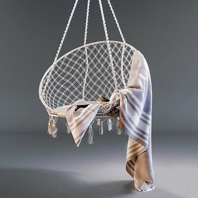 Stylish White Woven Hanging Chair With Tassels And Striped Blanket 3d model