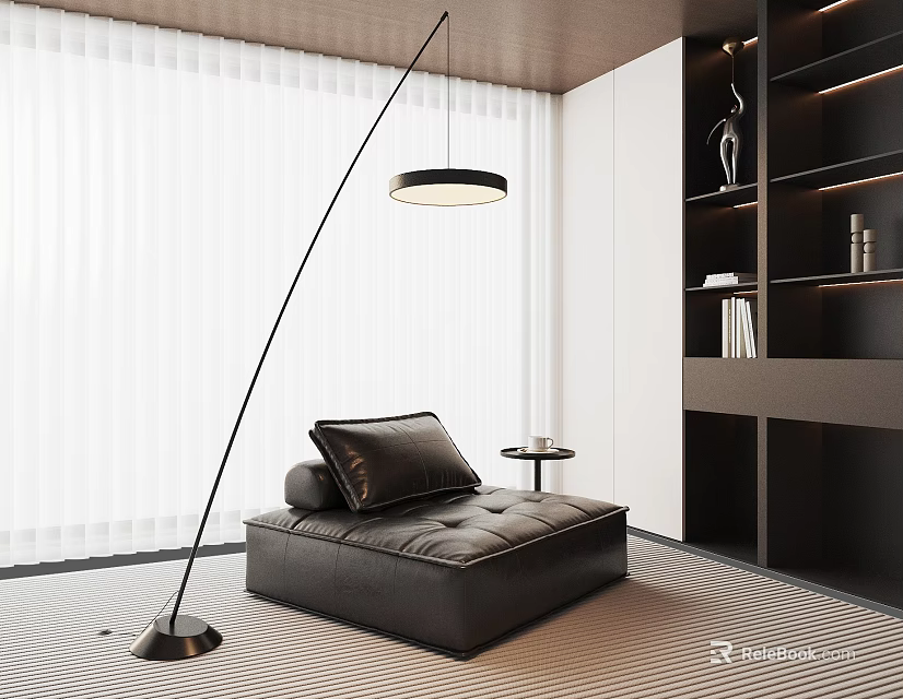 Modern Black Leather Lounge Chair with Arched Floor Lamp Small Round Table and White Blinds 3d model 