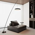 Modern Black Leather Lounge Chair with Arched Floor Lamp Small Round Table and White Blinds