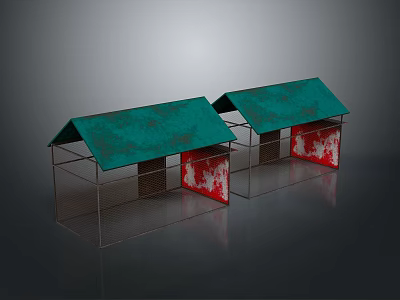 Small Metal Hutches With Green Roofs And Red Side Panels 3d model