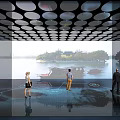 Interactive Indoor Space With Circular Ceiling People Projected Floor Lake View Island Boats
