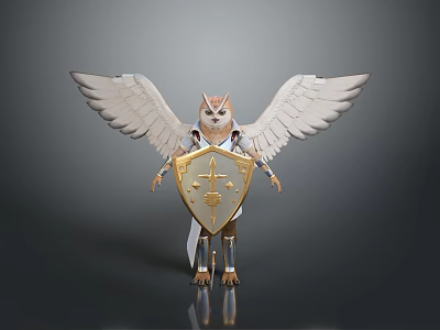 3D Mythical Flying Animal With White Wings Holding Golden Shield In Standing Pose 3d model