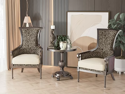 Leisure Chair Combination with Zebra Pattern Backrests Cream Cushions Round Side Table and Decorative Elements 3d model
