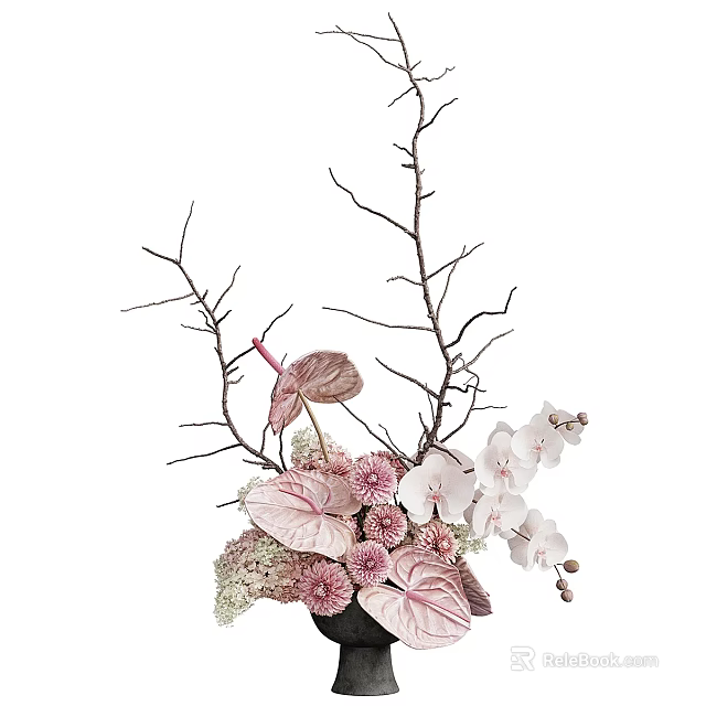 Elegant Flower Arrangement in Vase with Pink Leaves White Orchids and Branches 3d model 