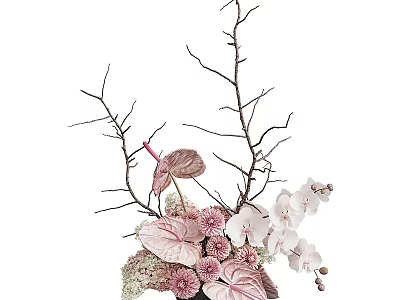 Elegant Flower Arrangement in Vase with Pink Leaves White Orchids and Branches 3d model