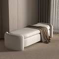 Minimalist Beige Upholstered Shoe Bench With Backrest In Room Corner Next to Curtains