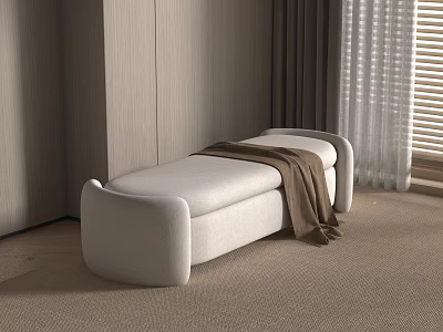 Minimalist Beige Upholstered Shoe Bench With Backrest In Room Corner Next to Curtains 3d model