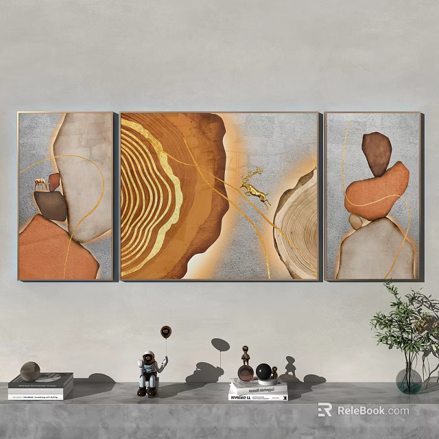 Modern Abstract Triptych Wall Art With Earth Tones And Wood Grain Patterns 3d model