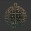 Intricate Bronze Circular Sculpture Carving Featuring Cross Pattern Top Loop And Radiated Edges