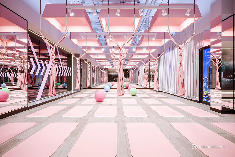 Pink Themed Indoor Yoga Fitness Studio With Mirrored Walls Colored Exercise Balls And Yoga Mats 3d model 