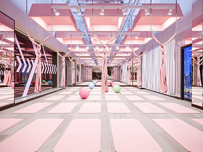 Pink Themed Indoor Yoga Fitness Studio With Mirrored Walls Colored Exercise Balls And Yoga Mats 3d model