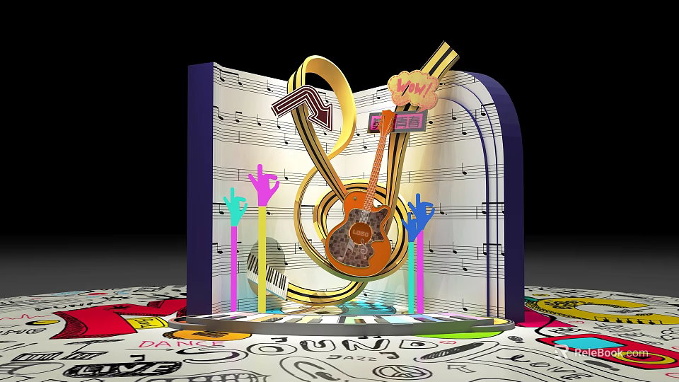 Vibrant Music Themed Art Installation With Guitar Notes And Colorful Decor 3d model 