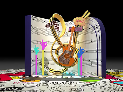 Vibrant Music Themed Art Installation With Guitar Notes And Colorful Decor 3d model