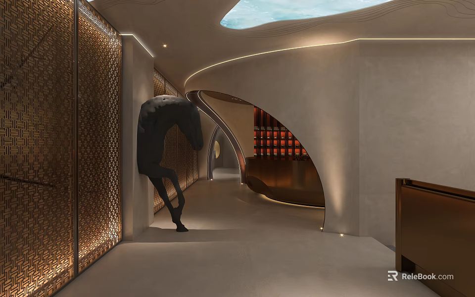 Elevator Lobby With Art Sculpture Decorative Walls And Modern Lighting 3d model 