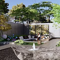 Serene Garden Landscape With Sofa Green Plants Trees Decorative Wall And Lawn