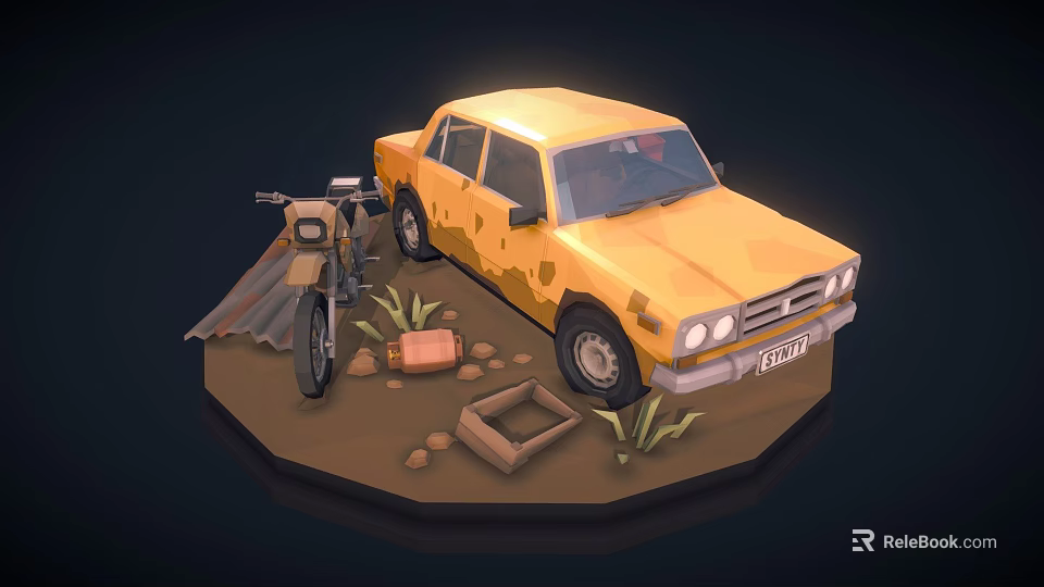 Vintage Yellow Truck With Motorcycle Stones Wooden Box And Small Plants 3d model 