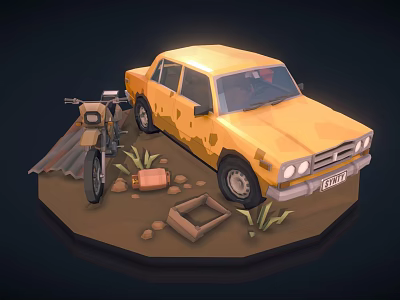 Vintage Yellow Truck With Motorcycle Stones Wooden Box And Small Plants 3d model