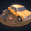 Vintage Yellow Truck With Motorcycle Stones Wooden Box And Small Plants