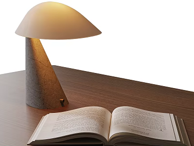 Lit Table Lamp With Mushroom Shade And Concrete Base On Wooden Table With Open Book 3d model