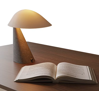 Lit Table Lamp With Mushroom Shade And Concrete Base On Wooden Table With Open Book 3d model
