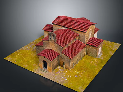 Traditional Brick Building Model With Red Tiled Roofs And Arched Entrance 3d model