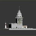 Lighthouse Building With White Dome Tower Structure And Stone Paved Platform With Arranged Chairs 3d model