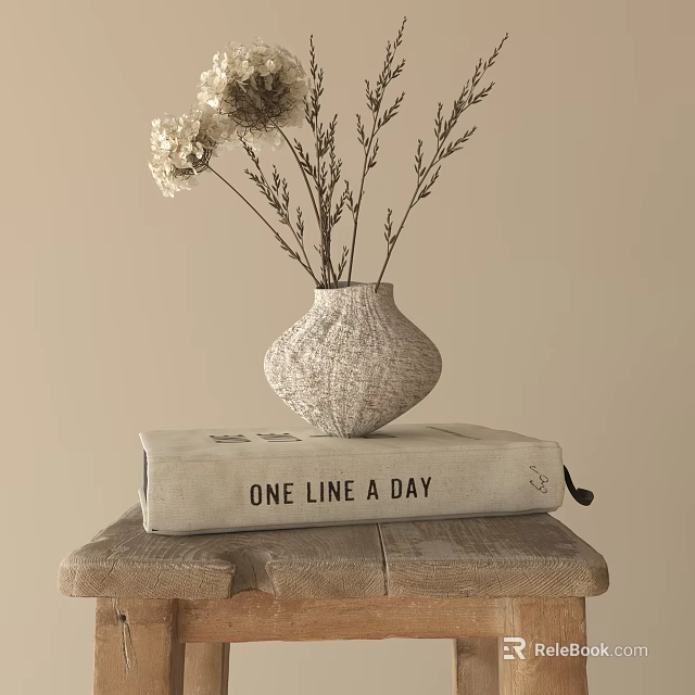 Rustic Textured Vase With Dried Flowers On One Line A Day Book Over Wooden Stool 3d model 