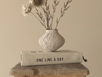 Rustic Textured Vase With Dried Flowers On One Line A Day Book Over Wooden Stool 3d model