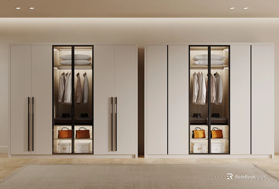 Modern Wardrobe Interior With Glass Doors Hanging Clothes And Storage Boxes 3d model 